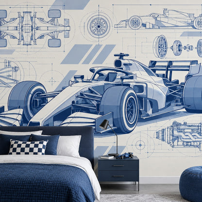 Formula Yarış Arabası Poster Duvar Kağıdı Mavi Teknik Çizim