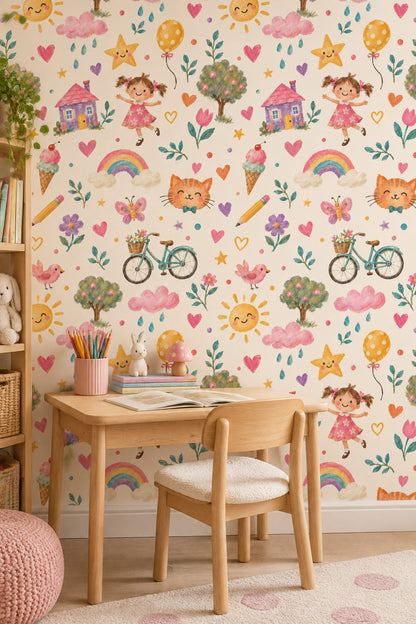 Pastel Çocuk Desenli Duvar Kağıdı Kız Çocuk Odası