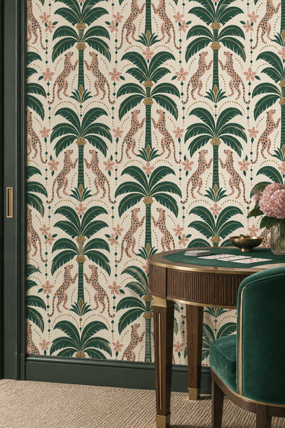 Palmiye ve Leoparlı Duvar Kağıdı Yeşil Retro Desenli