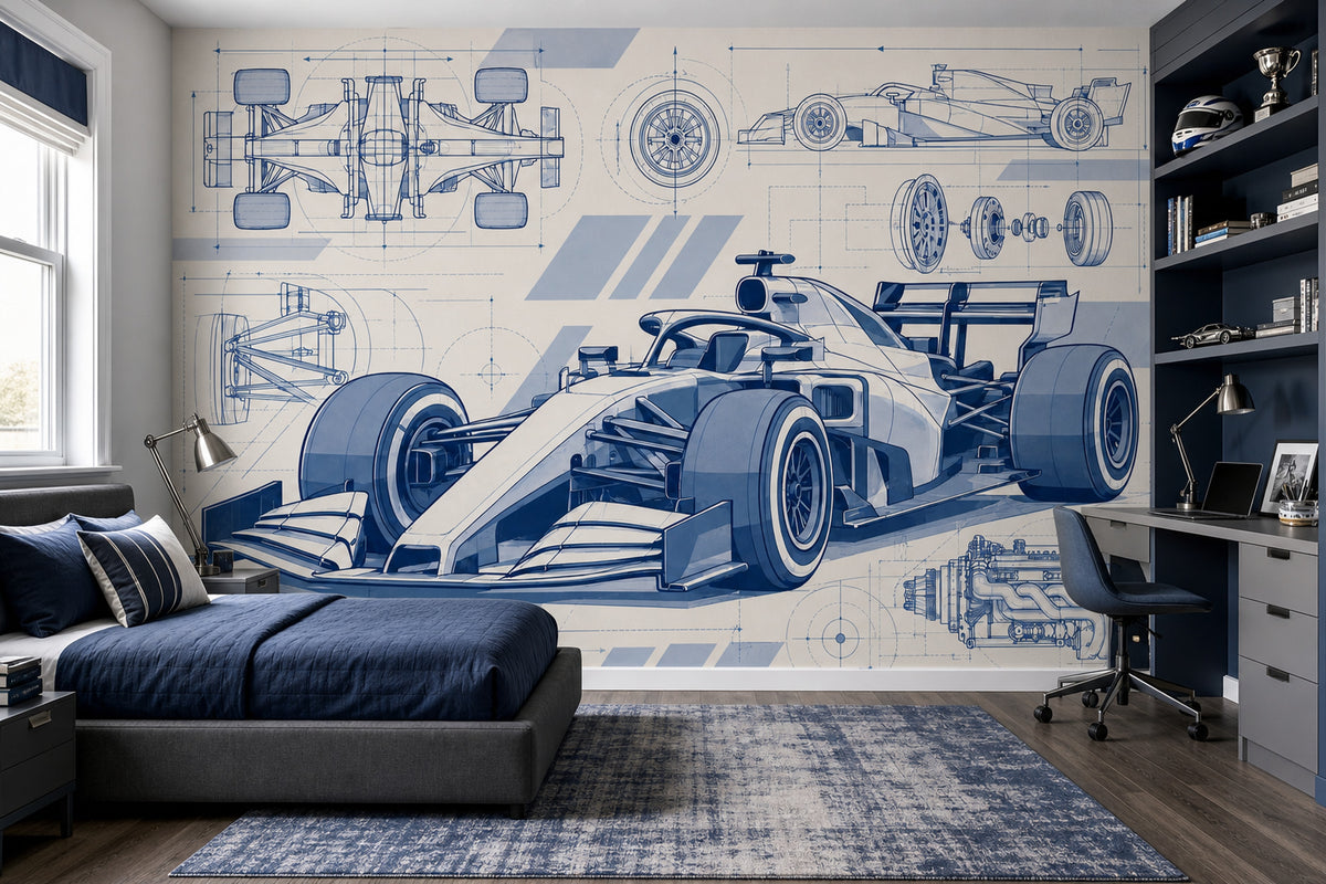 Formula Yarış Arabası Poster Duvar Kağıdı Mavi Teknik Çizim