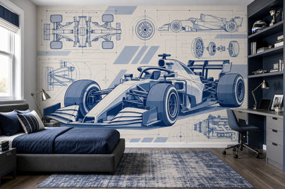Formula Yarış Arabası Poster Duvar Kağıdı Mavi Teknik Çizim