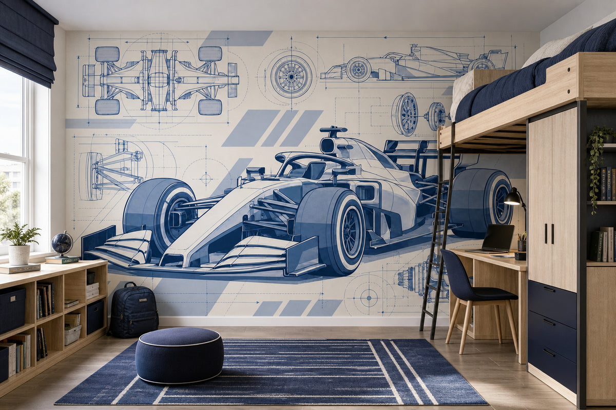Formula Yarış Arabası Poster Duvar Kağıdı Mavi Teknik Çizim