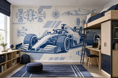 Formula Yarış Arabası Poster Duvar Kağıdı Mavi Teknik Çizim