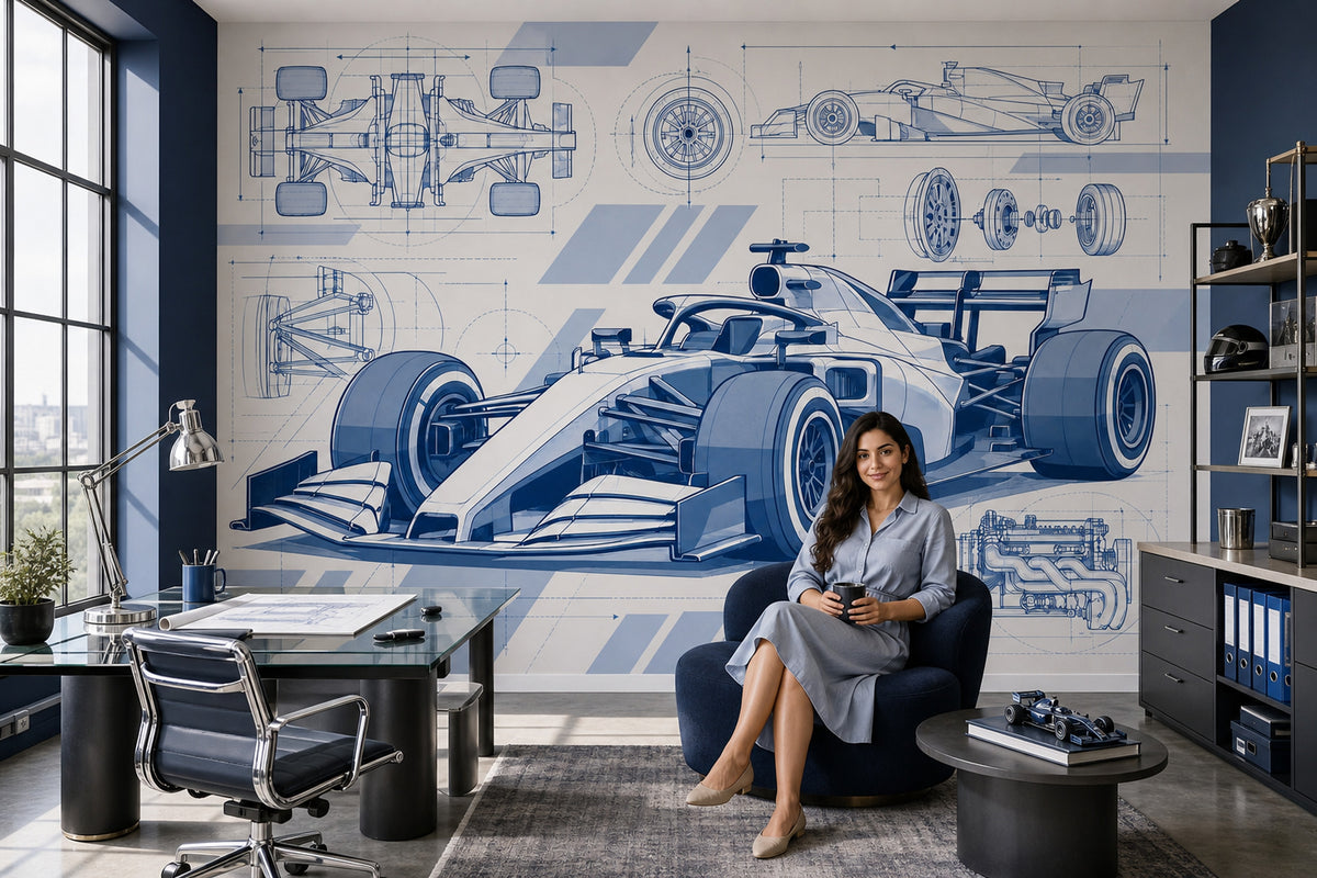 Formula Yarış Arabası Poster Duvar Kağıdı Mavi Teknik Çizim