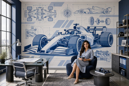 Formula Yarış Arabası Poster Duvar Kağıdı Mavi Teknik Çizim
