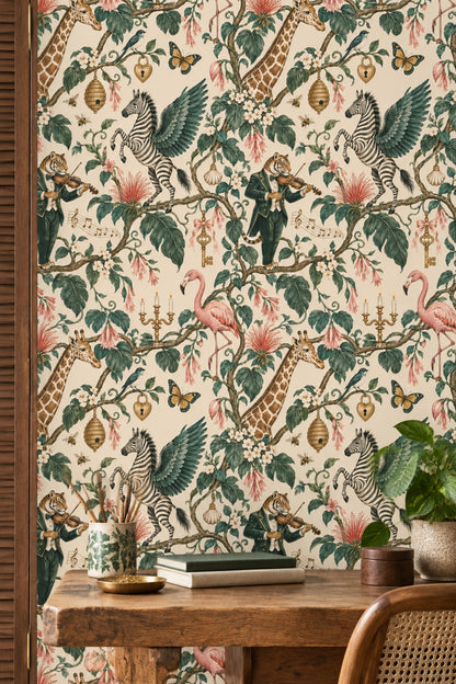 Vintage Hayvanlı Duvar Kağıdı Yeşil Yaprak Desenli Salon