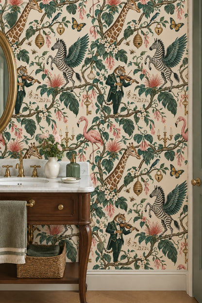 Vintage Hayvanlı Duvar Kağıdı Yeşil Yaprak Desenli Salon