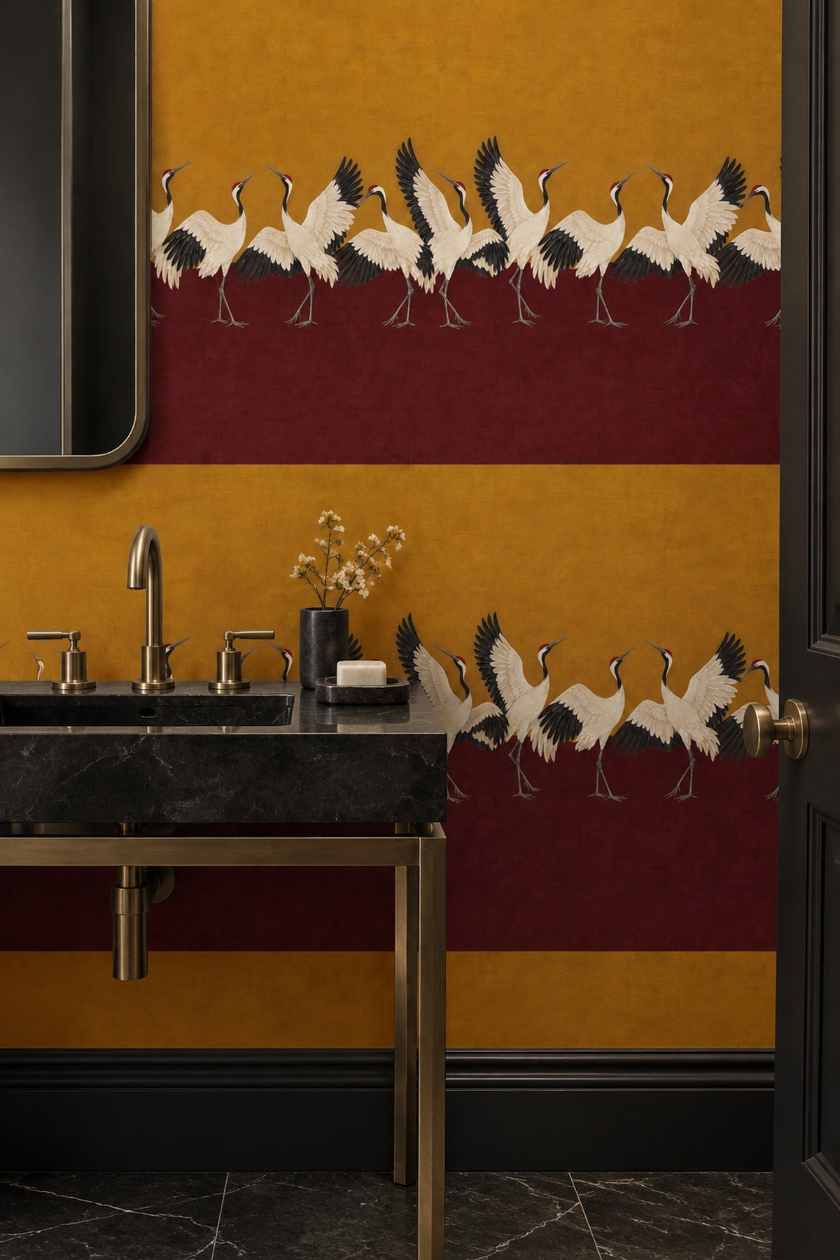 Turnalı Duvar Kağıdı Bordo Sarı Kuş Desenli Salon