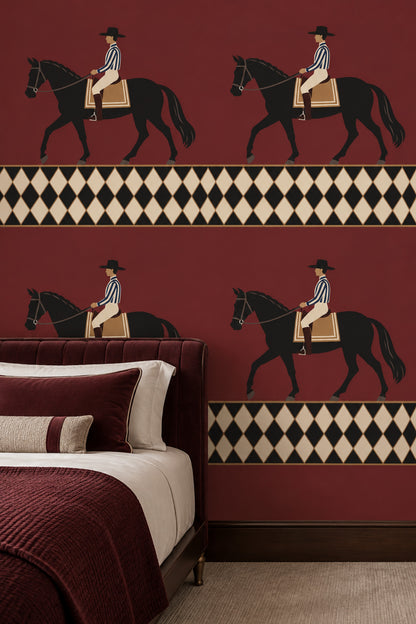 Atlı Binici Figürlü Duvar Kağıdı Bordo Retro Desenli
