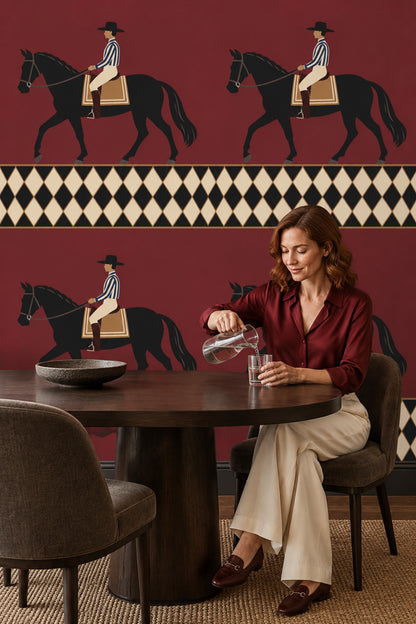 Atlı Binici Figürlü Duvar Kağıdı Bordo Retro Desenli