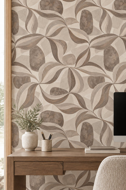 Geometrik Yaprak Desenli Duvar Kağıdı Bej Kahverengi Salon