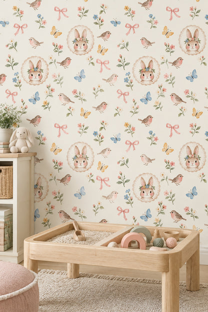 Tavşanlı Kuşlu Duvar Kağıdı Pastel Çiçekli Çocuk Odası