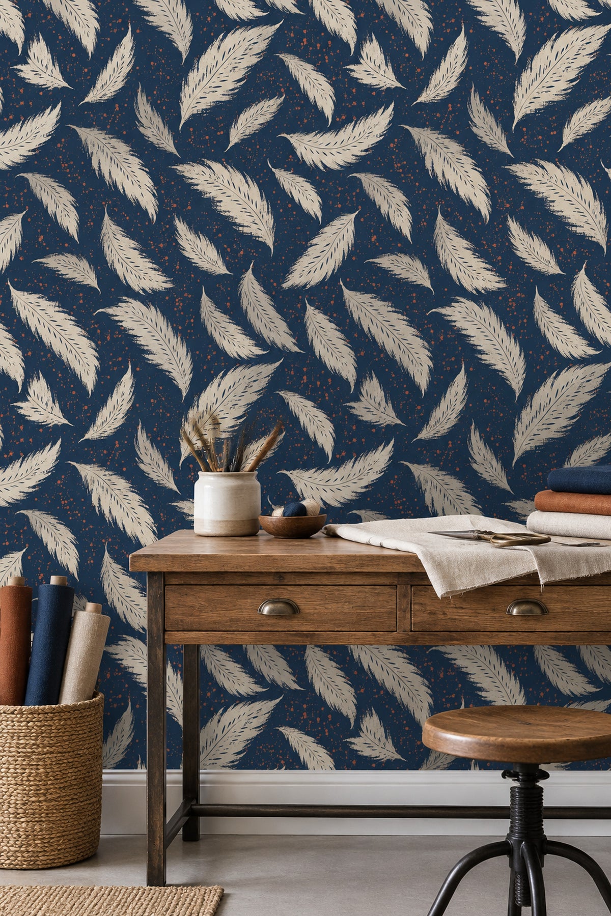 Lacivert Tüylü Desenli Duvar Kağıdı Modern Çalışma Odası