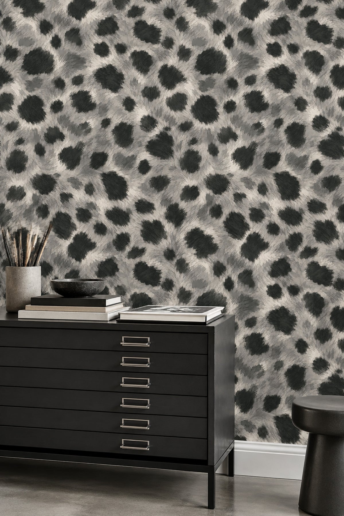 Leopar Desenli Duvar Kağıdı Gri Siyah Modern Salon