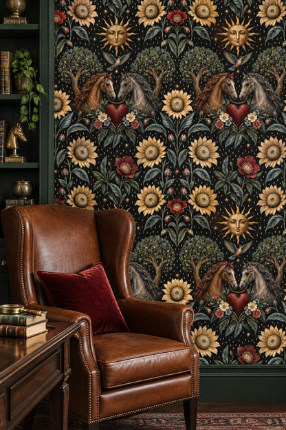 Atlı Güneş Motifli Duvar Kağıdı Siyah Vintage Desen