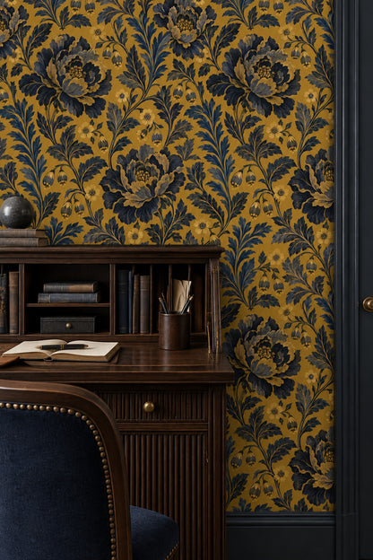 Vintage Çiçek Desenli Duvar Kağıdı Lacivert Hardal Salon