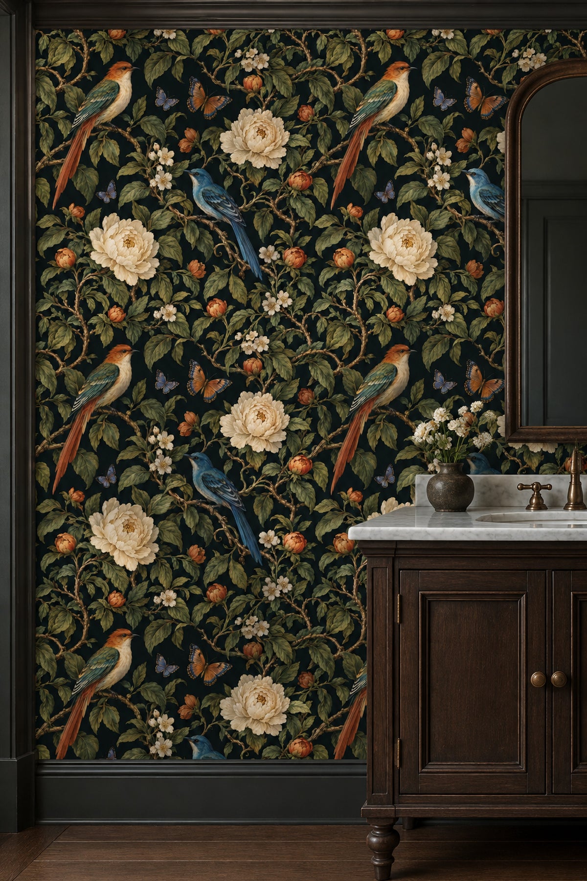 Kuşlu Çiçekli Duvar Kağıdı Koyu Yeşil Vintage Desen