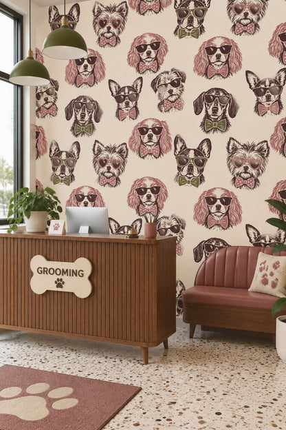 Gözlüklü Köpek Desenli Duvar Kağıdı Bej Zemin