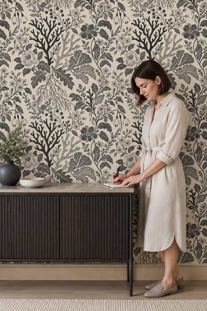 Mercan ve Çiçek Desenli Duvar Kağıdı Gri Krem Salon
