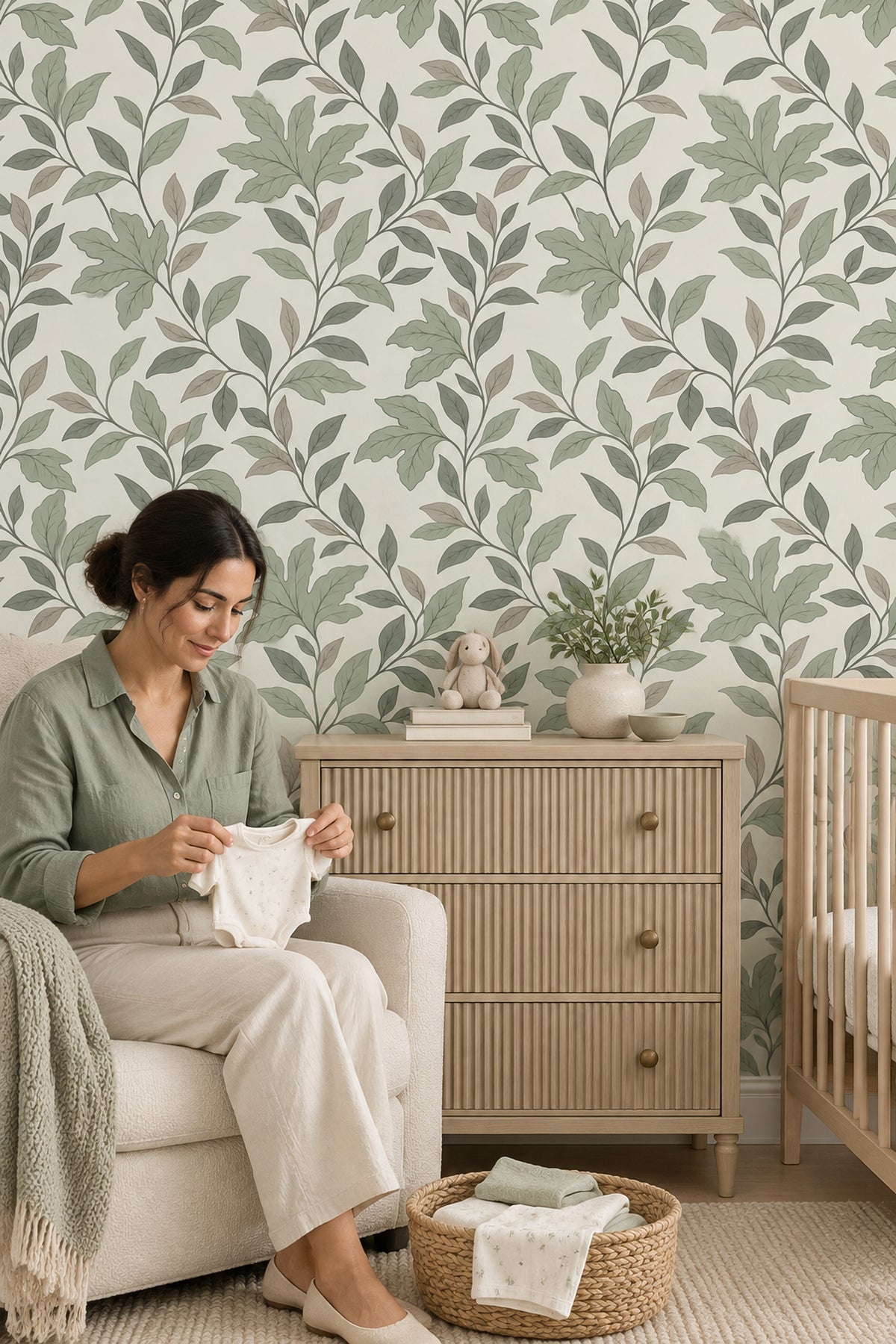 Yaprak Desenli Duvar Kağıdı Adaçayı Yeşili Salon Dekoru