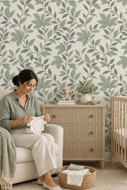 Yaprak Desenli Duvar Kağıdı Adaçayı Yeşili Salon Dekoru