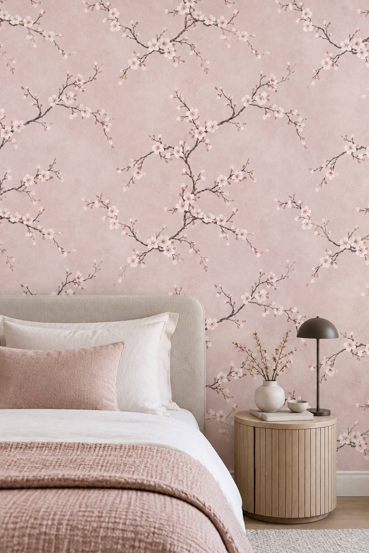 Kiraz Çiçekli Duvar Kağıdı Pudra Pembe Romantik Desen