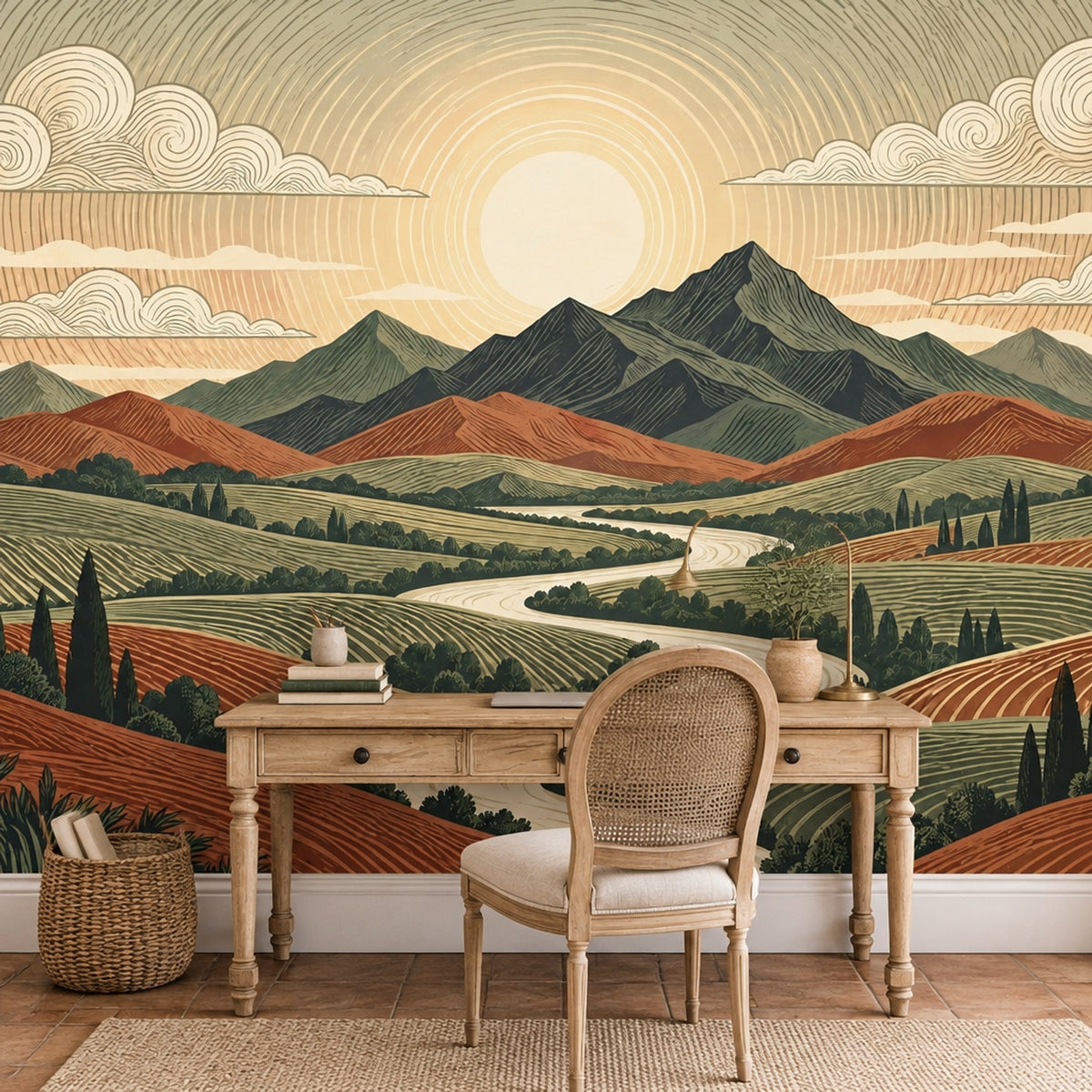 Dağ Manzaralı Poster Duvar Kağıdı Yeşil Tonlu Salon Dekoru
