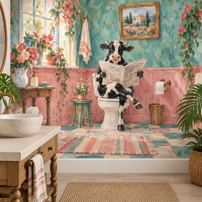 Gazete Okuyan İnek Poster Duvar Kağıdı Renkli Banyo