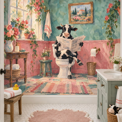 Gazete Okuyan İnek Poster Duvar Kağıdı Renkli Banyo