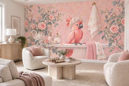 Pembe Papağanlı Poster Duvar Kağıdı Çiçek Desenli Banyo Dekoru