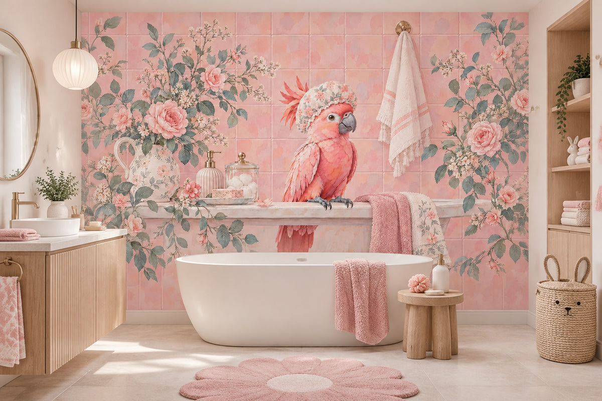Pembe Papağanlı Poster Duvar Kağıdı Çiçek Desenli Banyo Dekoru