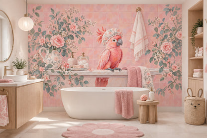 Pembe Papağanlı Poster Duvar Kağıdı Çiçek Desenli Banyo Dekoru