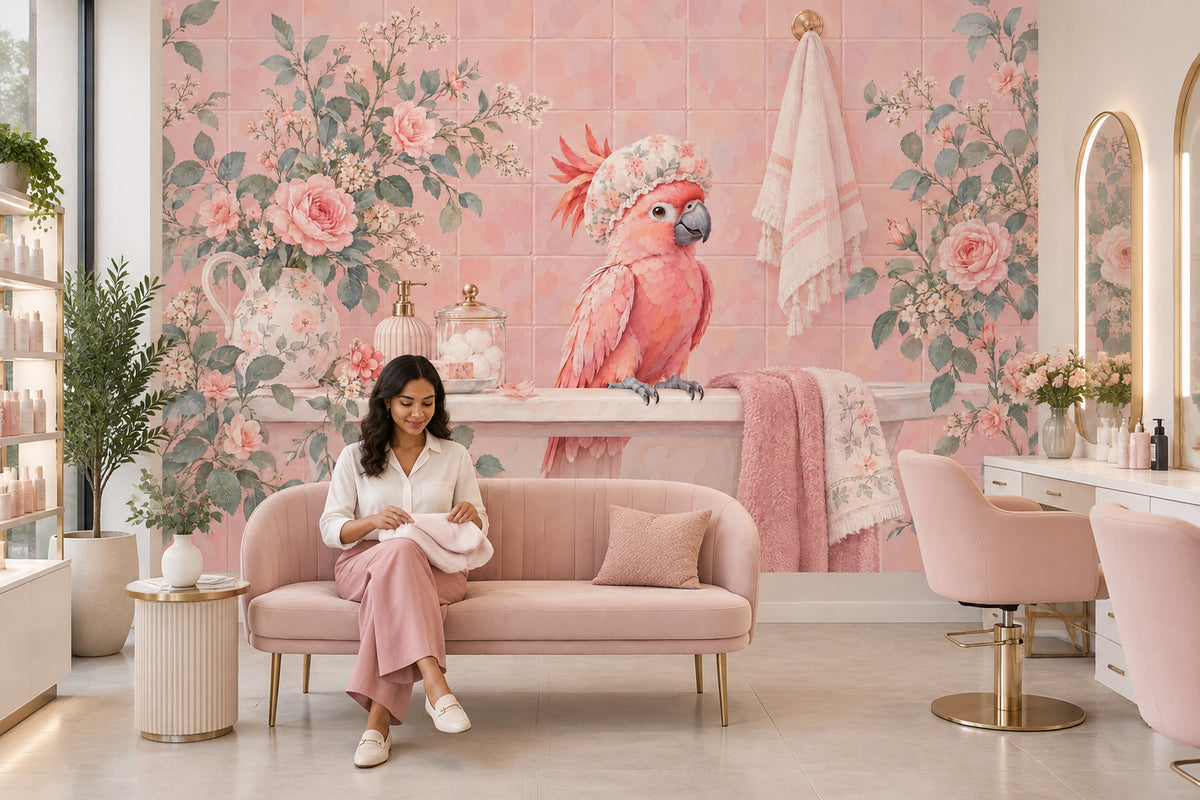 Pembe Papağanlı Poster Duvar Kağıdı Çiçek Desenli Banyo Dekoru