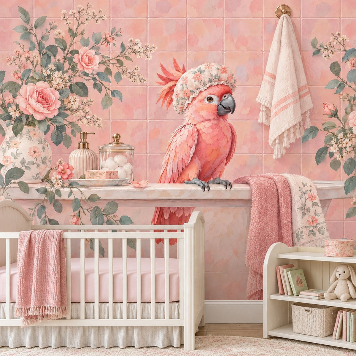 Pembe Papağanlı Poster Duvar Kağıdı Çiçek Desenli Banyo Dekoru