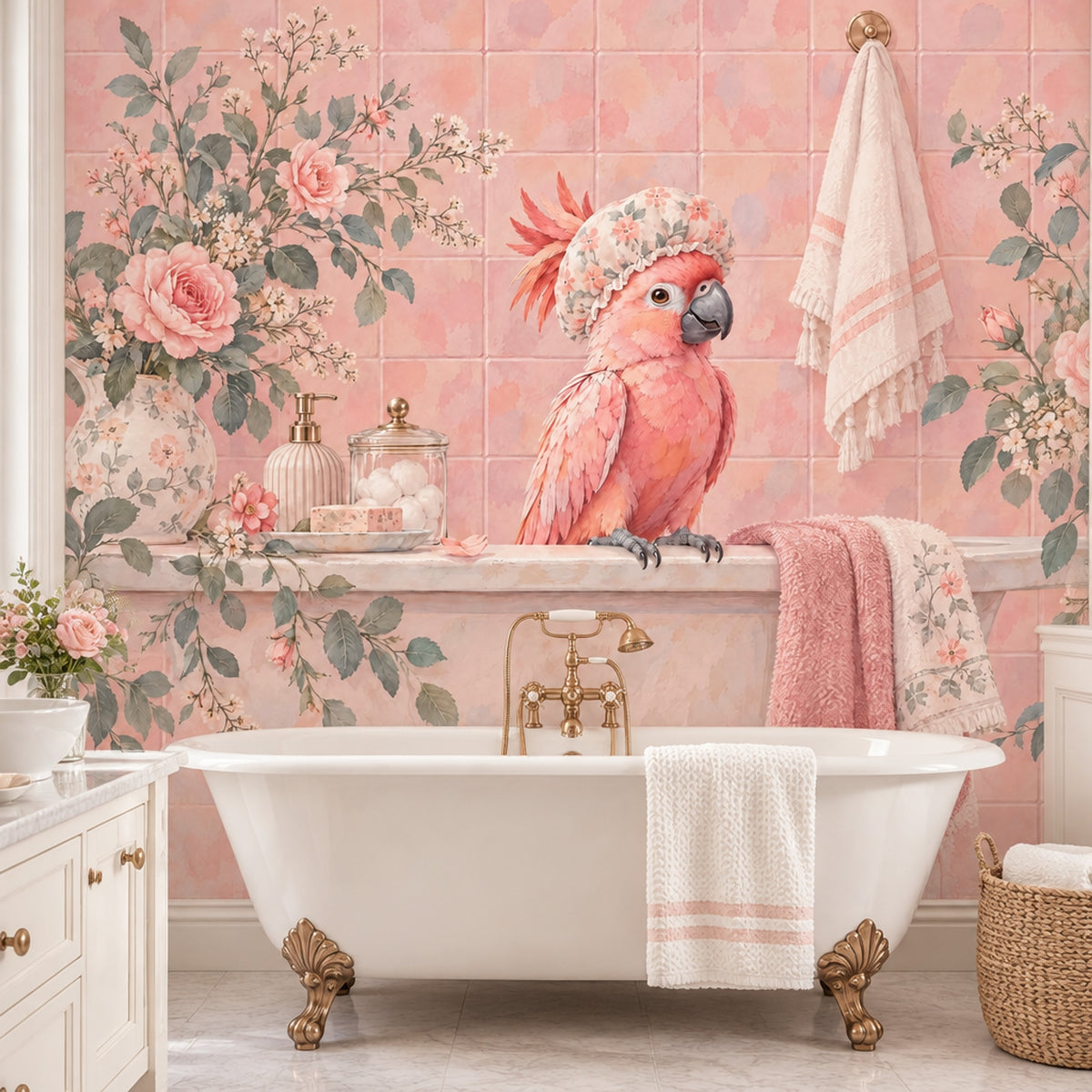 Pembe Papağanlı Poster Duvar Kağıdı Çiçek Desenli Banyo Dekoru