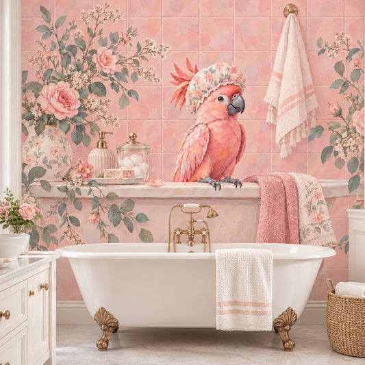 Pembe Papağanlı Poster Duvar Kağıdı Çiçek Desenli Banyo Dekoru
