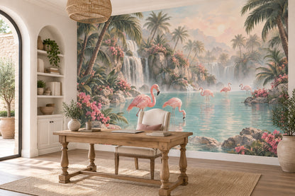 Flamingolu Şelale Manzaralı Poster Duvar Kağıdı Pastel Tropikal Salon