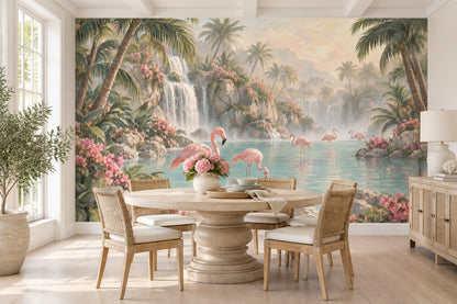 Flamingolu Şelale Manzaralı Poster Duvar Kağıdı Pastel Tropikal Salon
