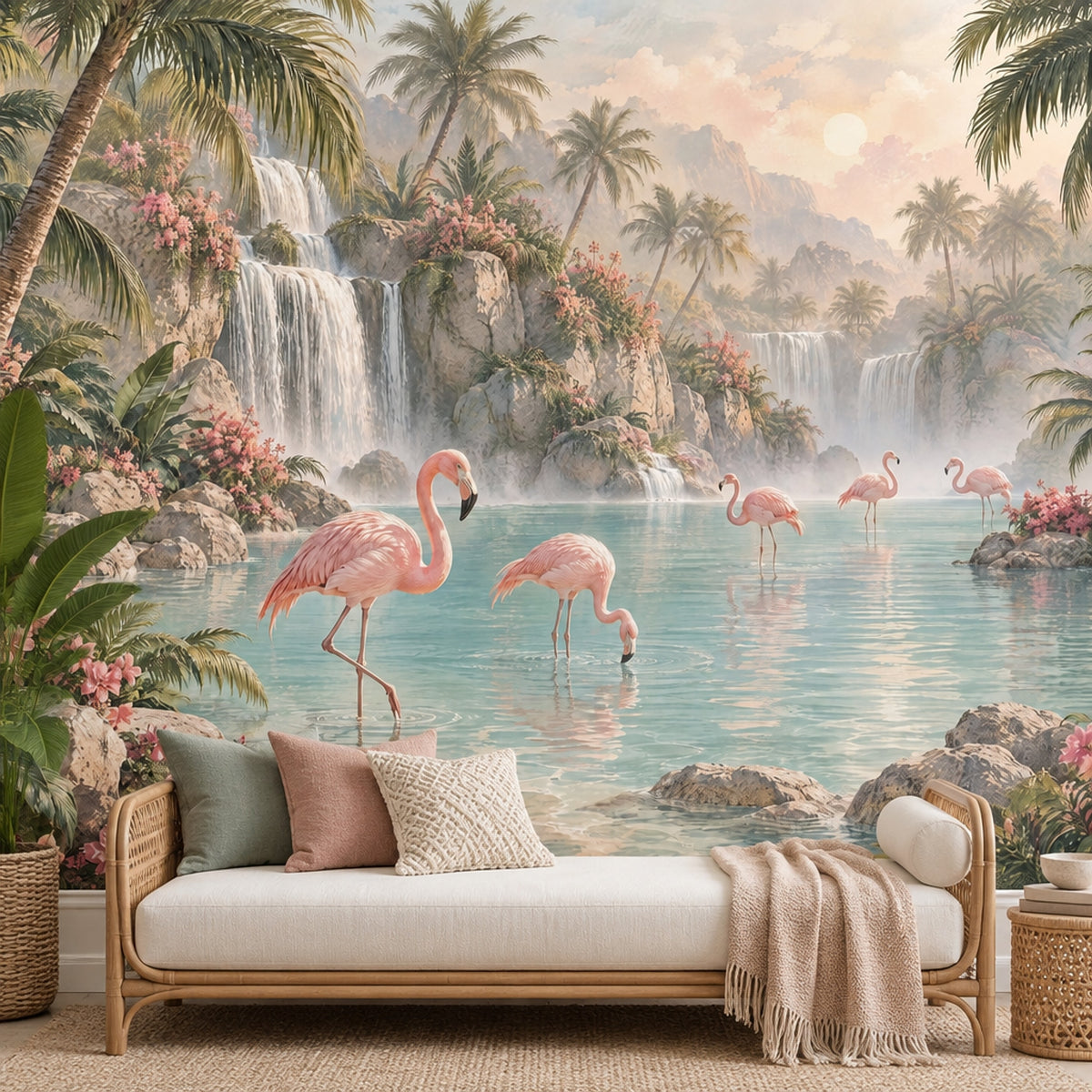 Flamingolu Şelale Manzaralı Poster Duvar Kağıdı Pastel Tropikal Salon