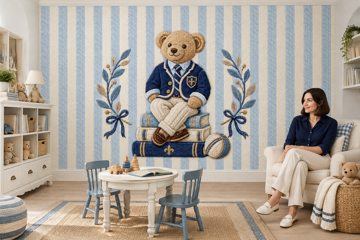 Sevimli Ayıcık Poster Duvar Kağıdı Mavi Çizgili Bebek Odası