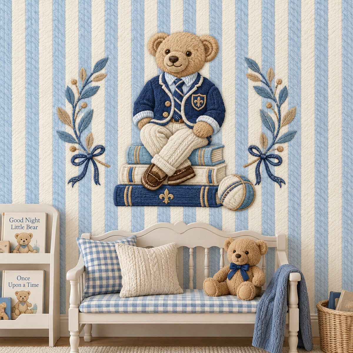 Sevimli Ayıcık Poster Duvar Kağıdı Mavi Çizgili Bebek Odası
