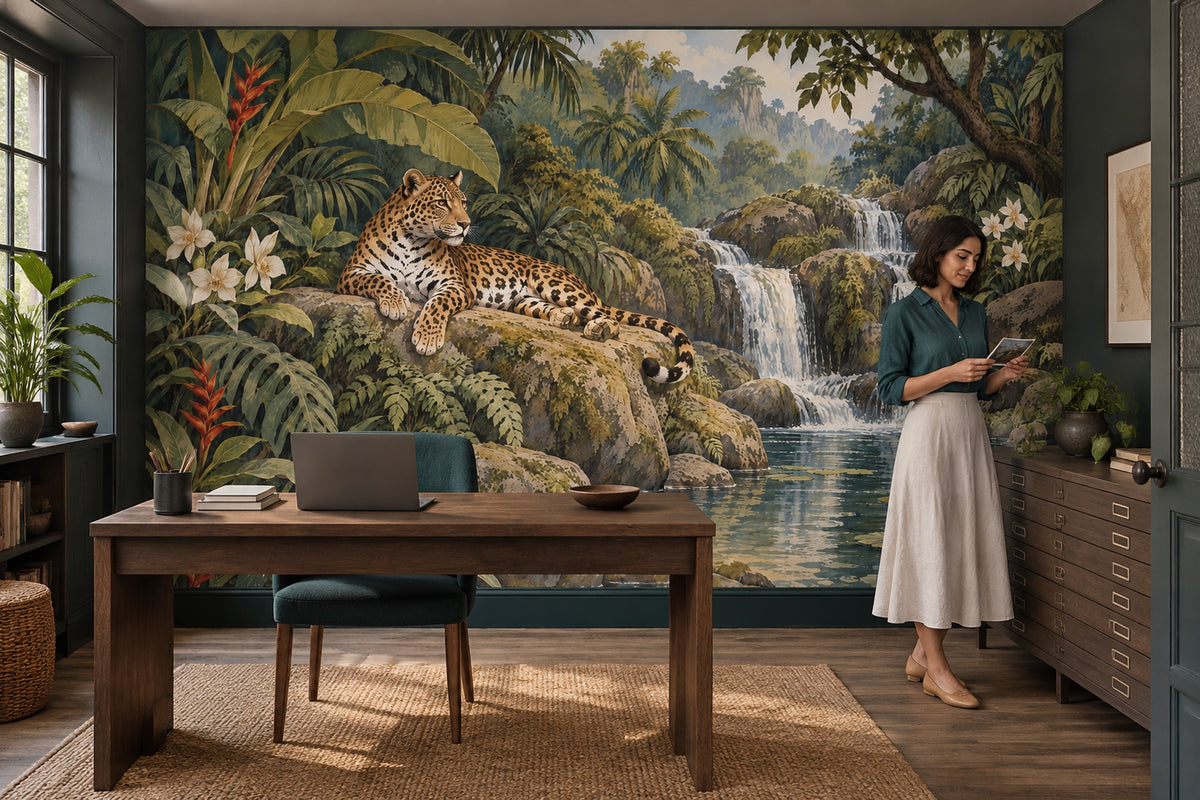 Leoparlı Poster Duvar Kağıdı Tropikal Orman Şelale Manzaralı