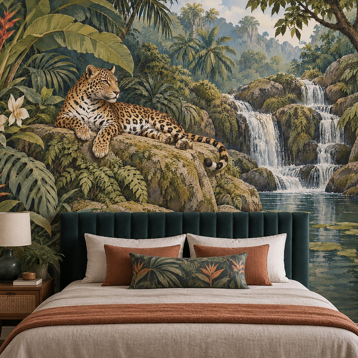 Leoparlı Poster Duvar Kağıdı Tropikal Orman Şelale Manzaralı