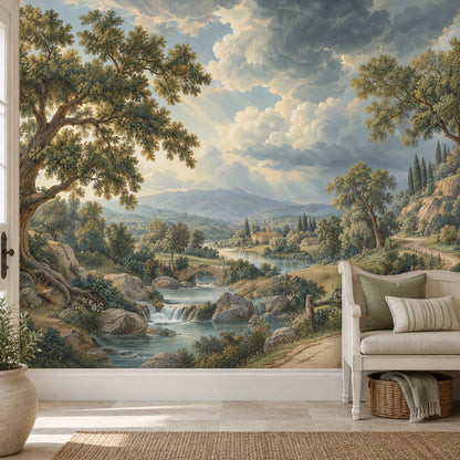 Kırsal Manzara Poster Duvar Kağıdı Yeşil Mavi Salon
