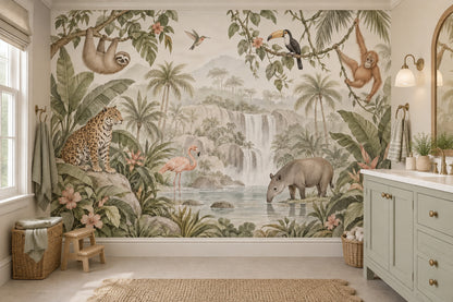 Jungle Hayvanlı Poster Duvar Kağıdı Yeşil Çocuk Odası
