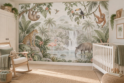 Jungle Hayvanlı Poster Duvar Kağıdı Yeşil Çocuk Odası