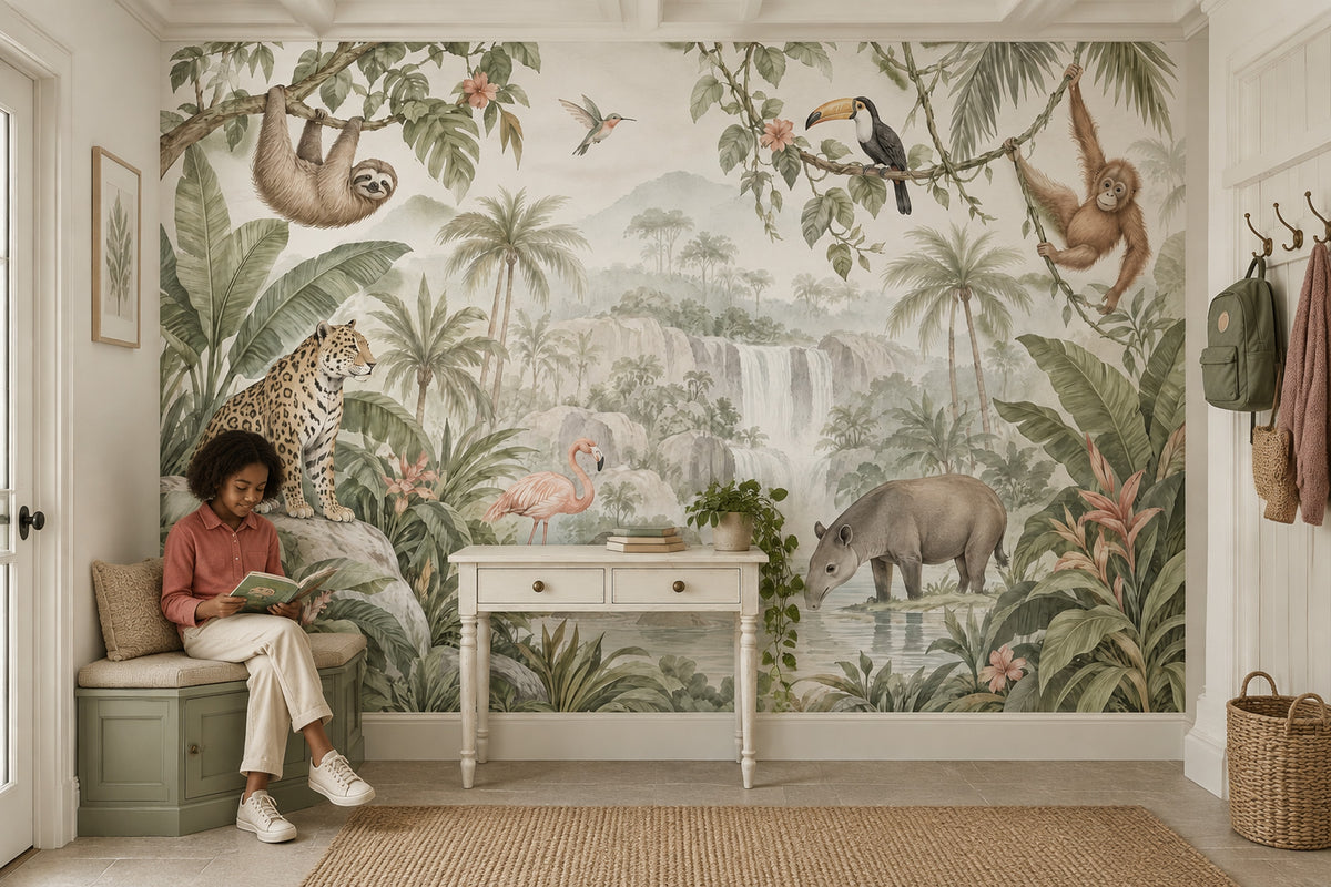 Jungle Hayvanlı Poster Duvar Kağıdı Yeşil Çocuk Odası