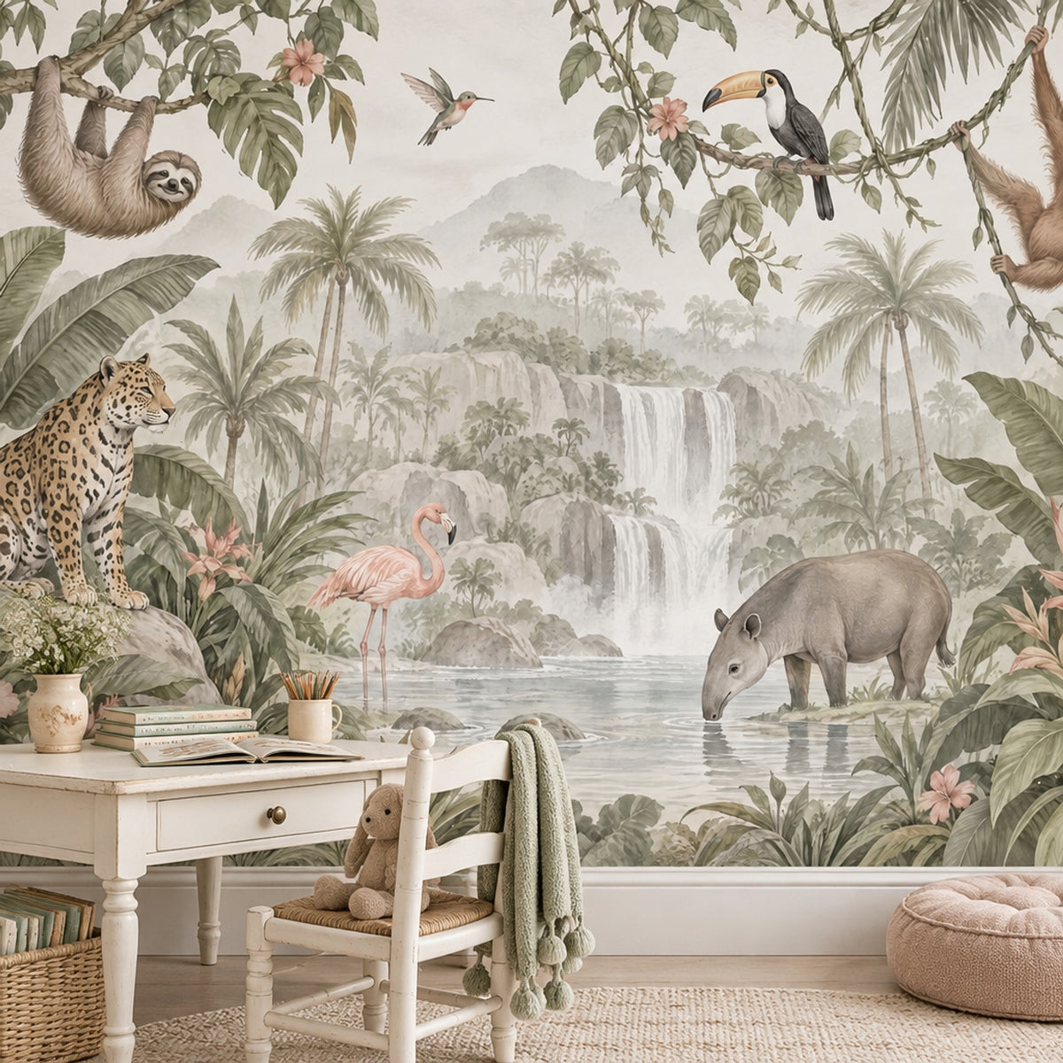 Jungle Hayvanlı Poster Duvar Kağıdı Yeşil Çocuk Odası