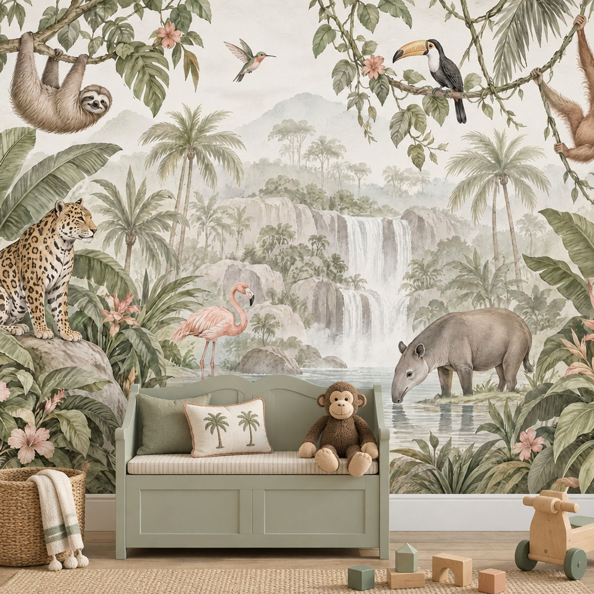 Jungle Hayvanlı Poster Duvar Kağıdı Yeşil Çocuk Odası