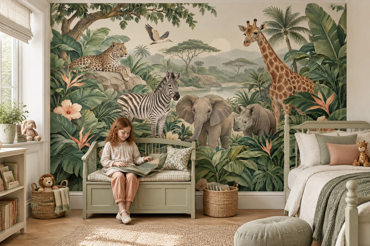 Safari Hayvanlı Poster Duvar Kağıdı Yeşil Çocuk Odası